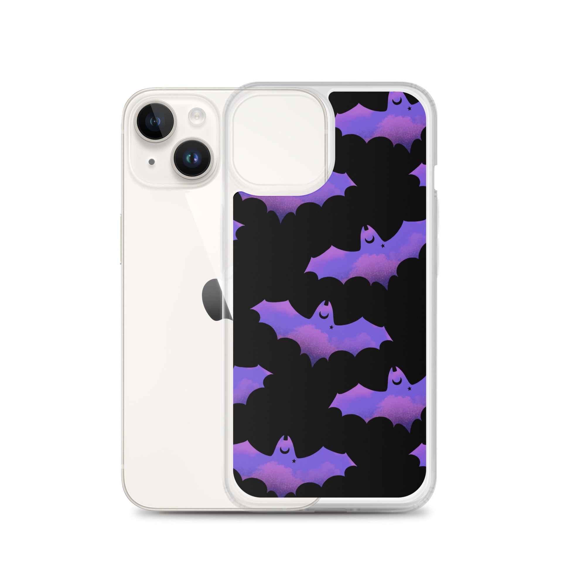 Morrigan iPhone® Clear Case featuring a stylish bat design, offering protection from scratches and easy access to ports.