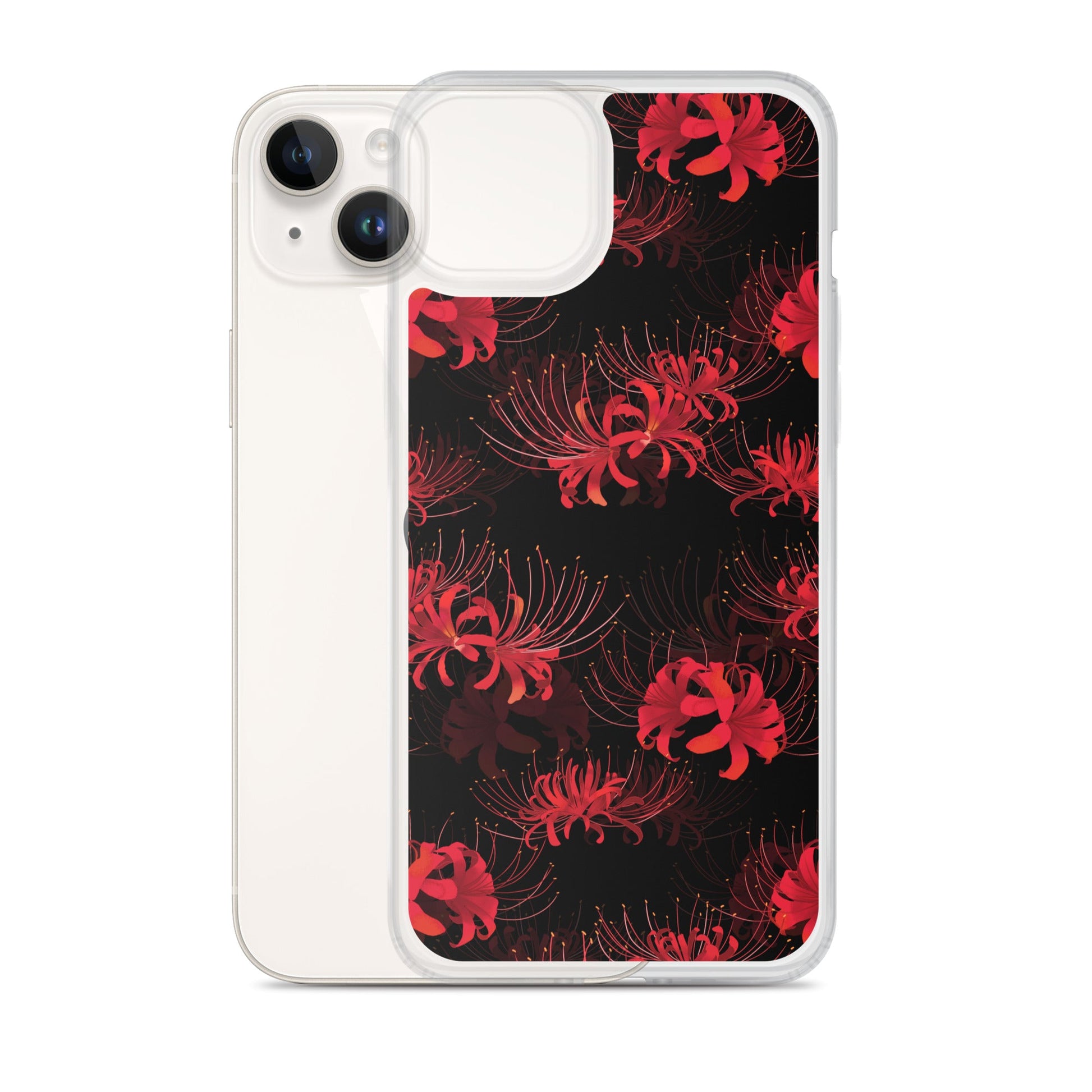 Stylish Higanbana iPhone® Clear Case showcasing vibrant floral design, offering protection from scratches and dirt.