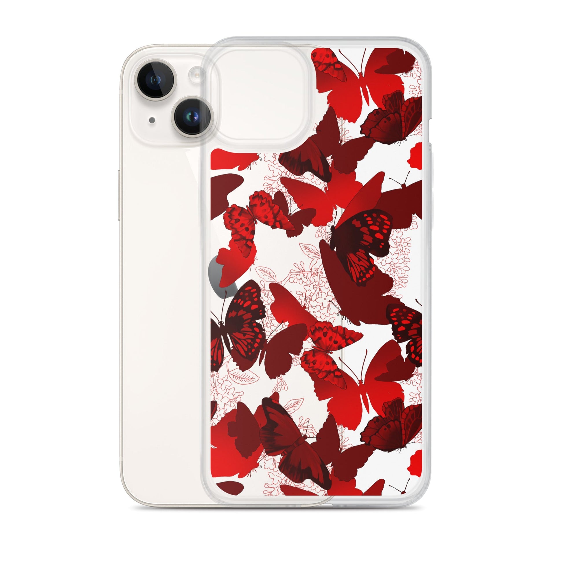 Sleek Butterfly iPhone® Clear Case featuring vibrant red butterflies, providing durable protection and easy access.
