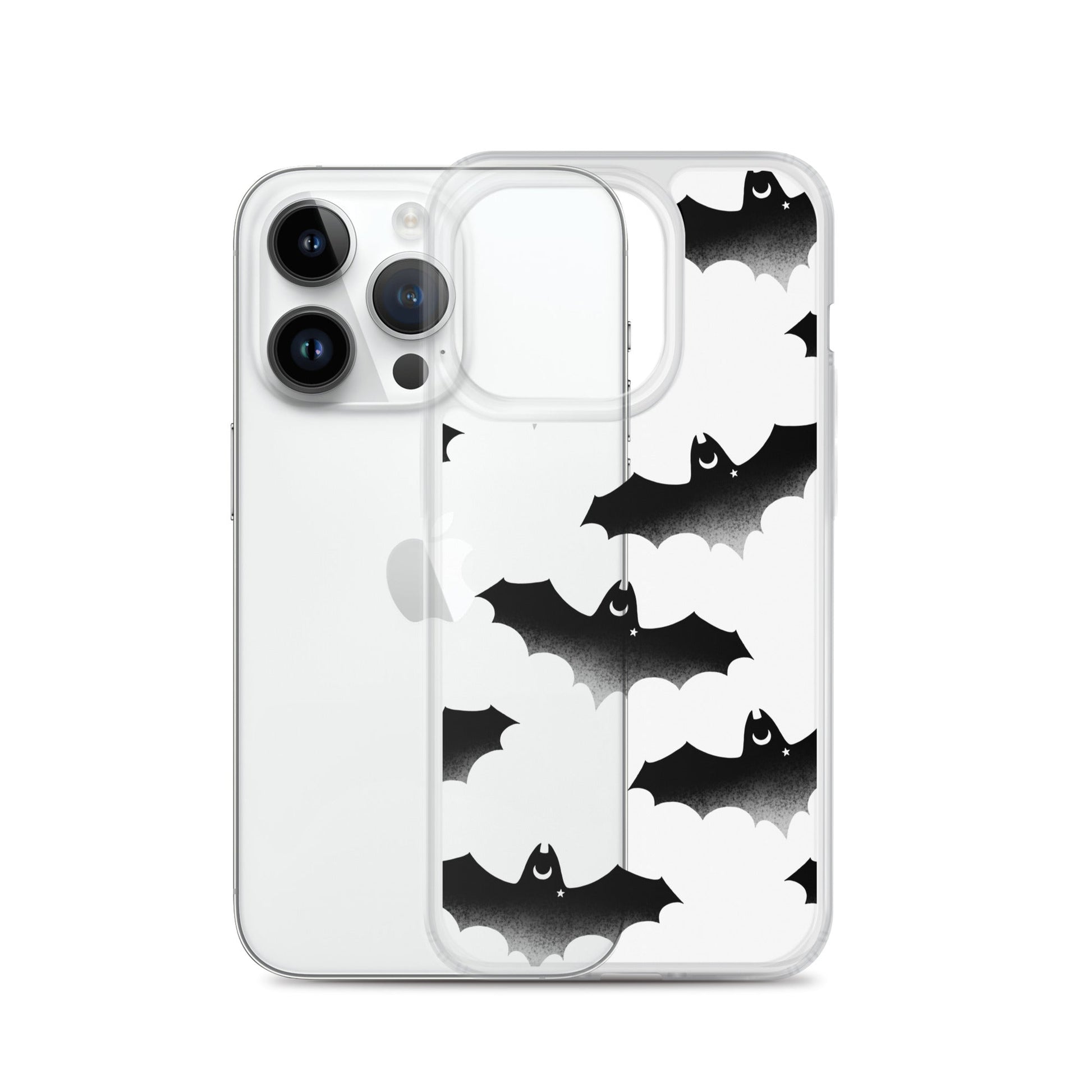 Morrigan iPhone® Clear Case featuring a sleek design with bat patterns, offering optimal protection and easy access.