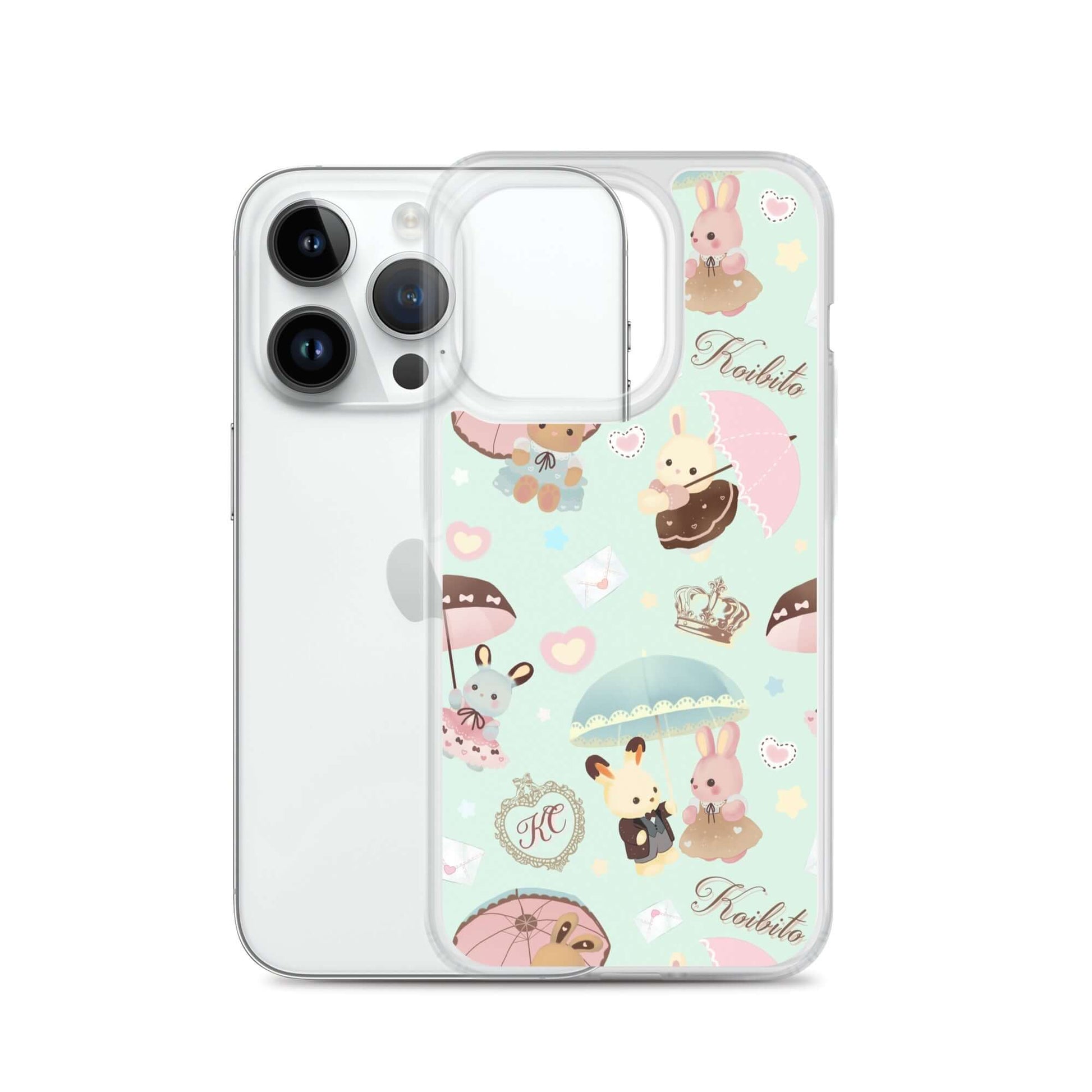 Colorful Parasol Bunny iPhone® Clear Case featuring cute bunnies and umbrellas, perfect for protection and style.