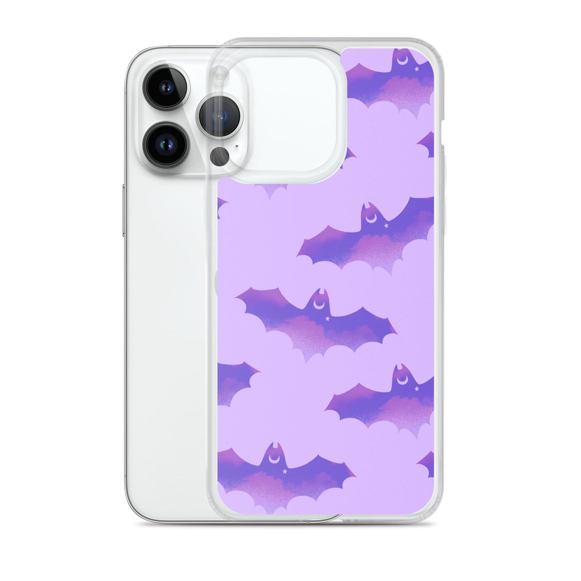 Morrigan iPhone® Clear Case featuring a stylish bat design, protecting your phone from scratches and dirt.