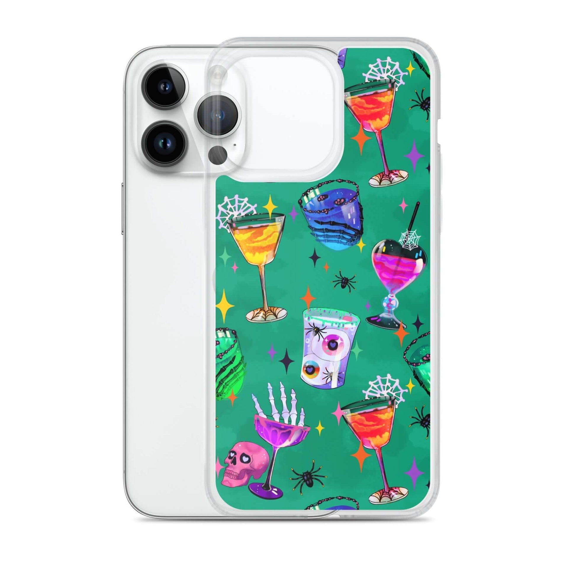 Colorful Monster Party iPhone® Clear Case featuring drinks and spooky designs, perfect for protection and style.