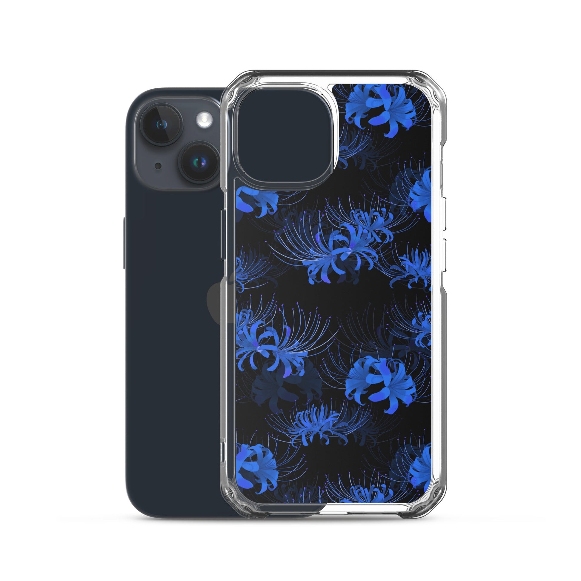Sleek Higanbana iPhone® Clear Case with blue floral design, offering durable protection from scratches and dust.