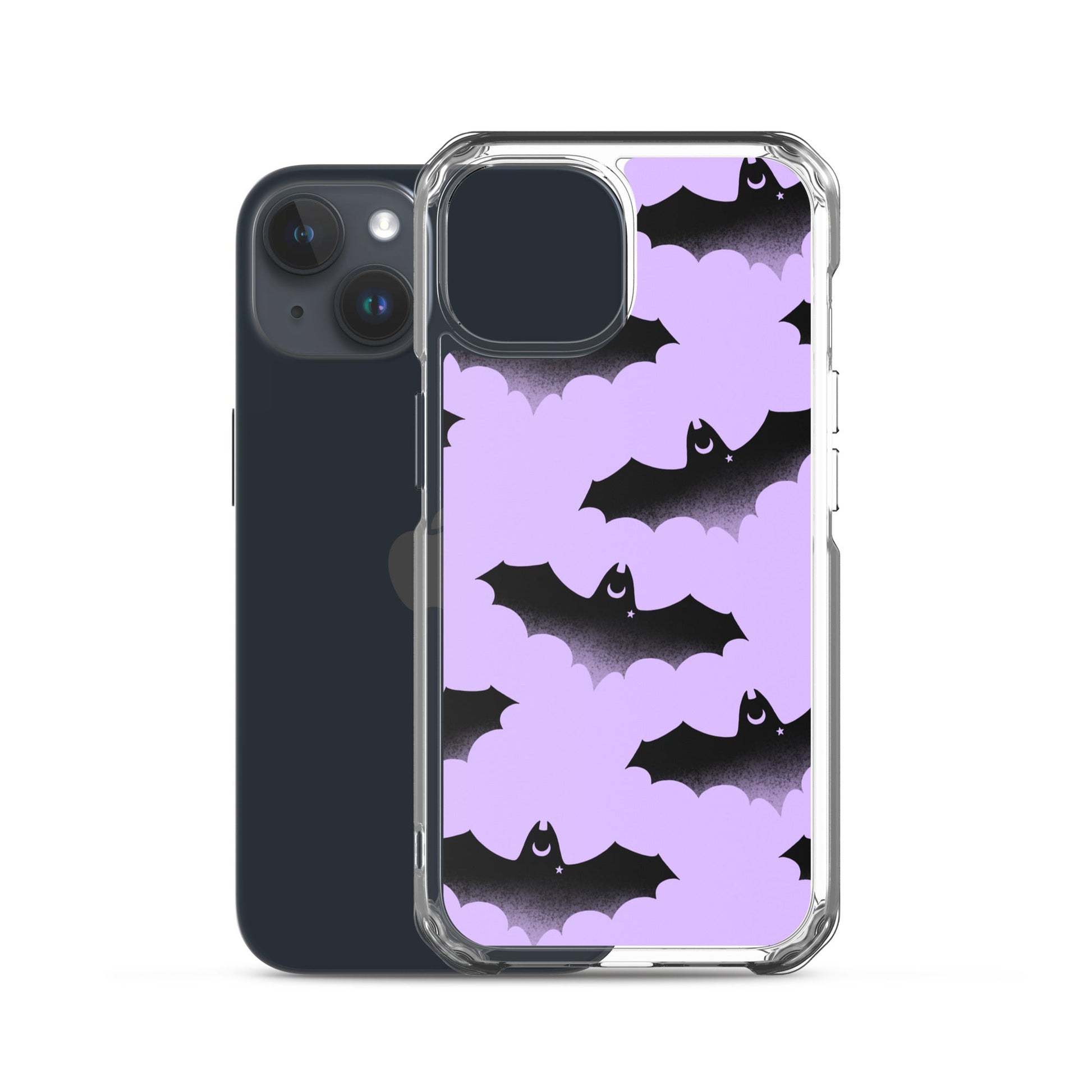 Sleek Morrigan iPhone® Clear Case with a bat design, offering protection from scratches and easy access to ports.