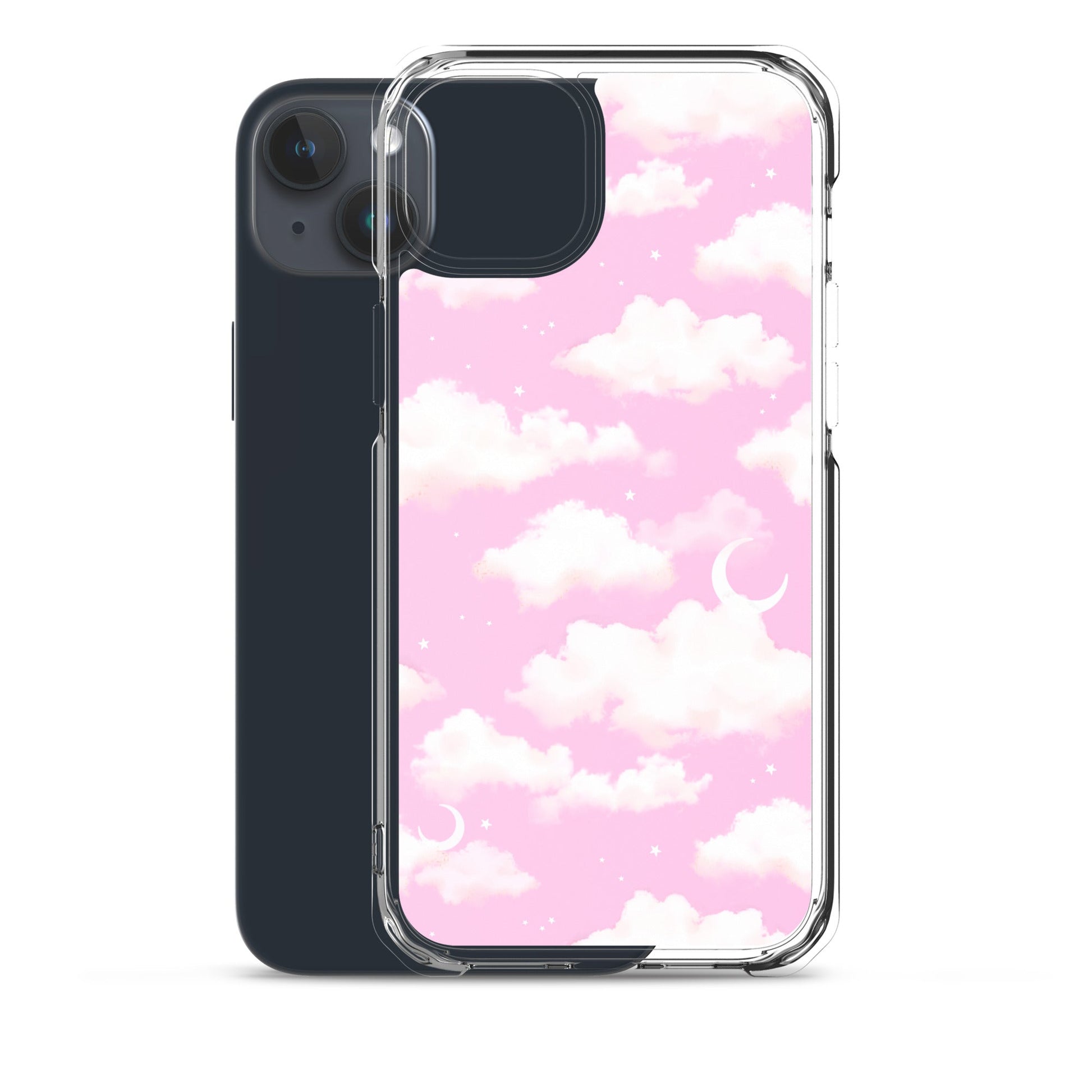 Stylish Cloudy Sky iPhone® Clear Case featuring a soft pink cloud design for protection and easy access to ports.