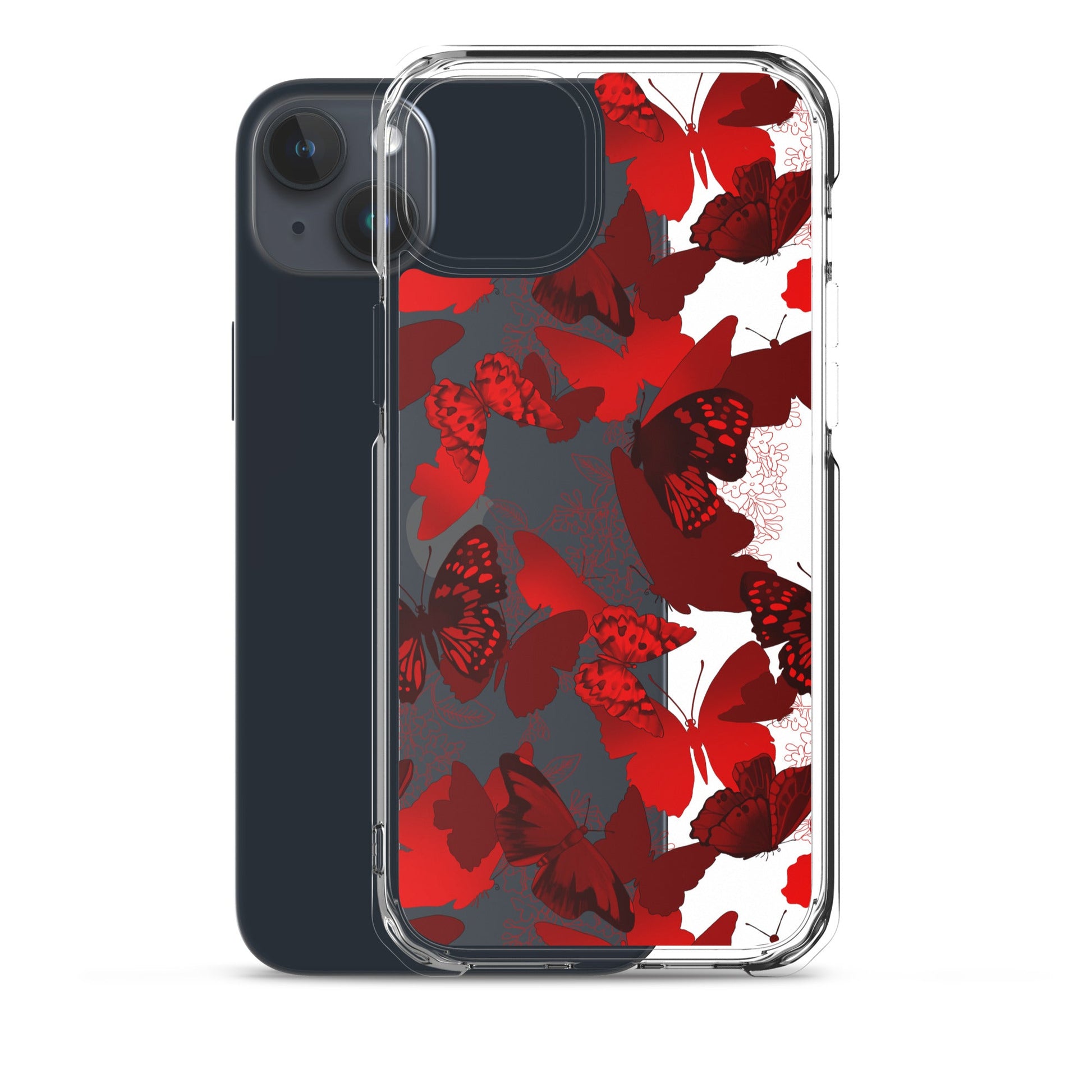 Butterfly iPhone® Clear Case featuring vibrant red butterflies, protecting your device with style and functionality.