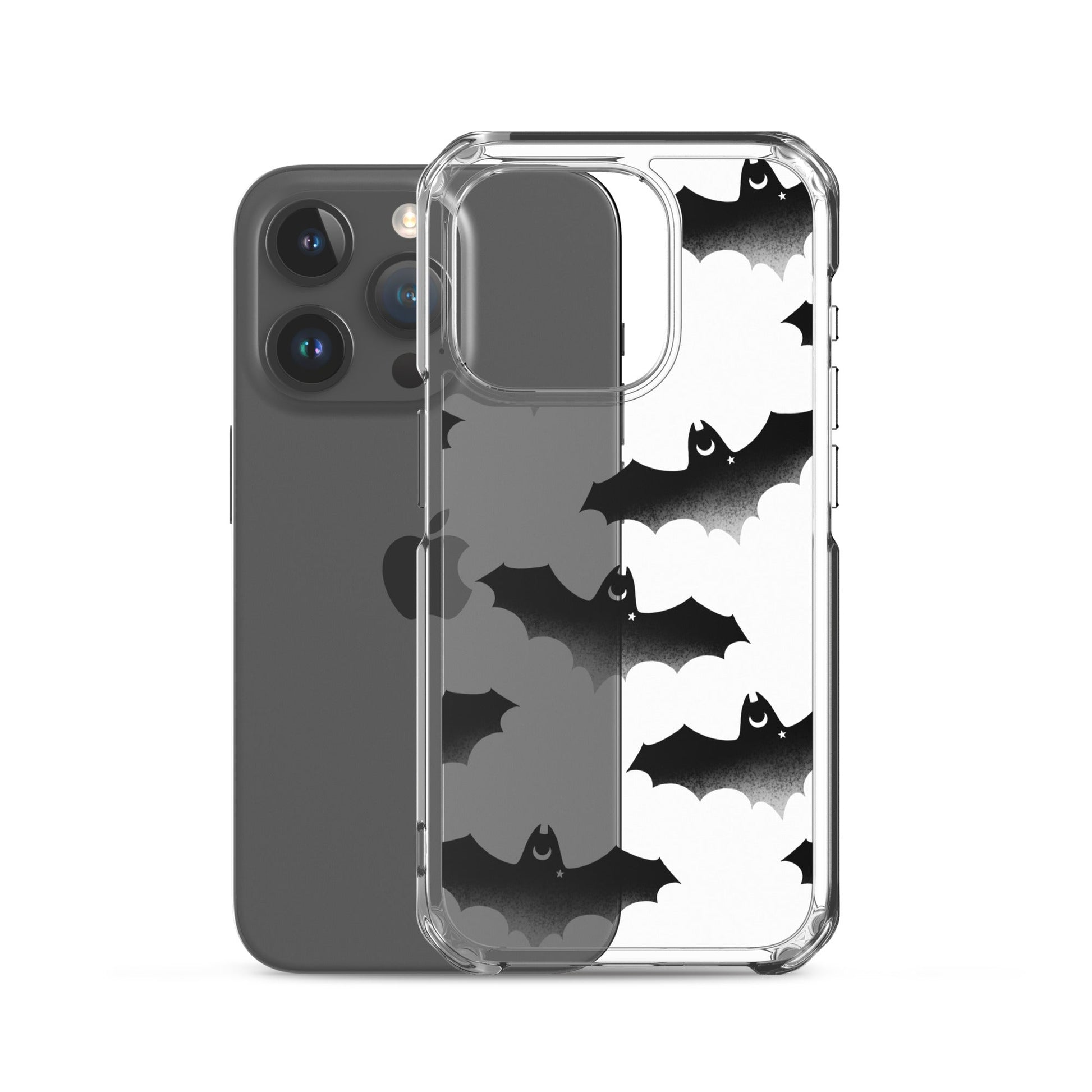 Morrigan iPhone® Clear Case featuring a sleek design with bat graphics for stylish protection against scratches and dust.