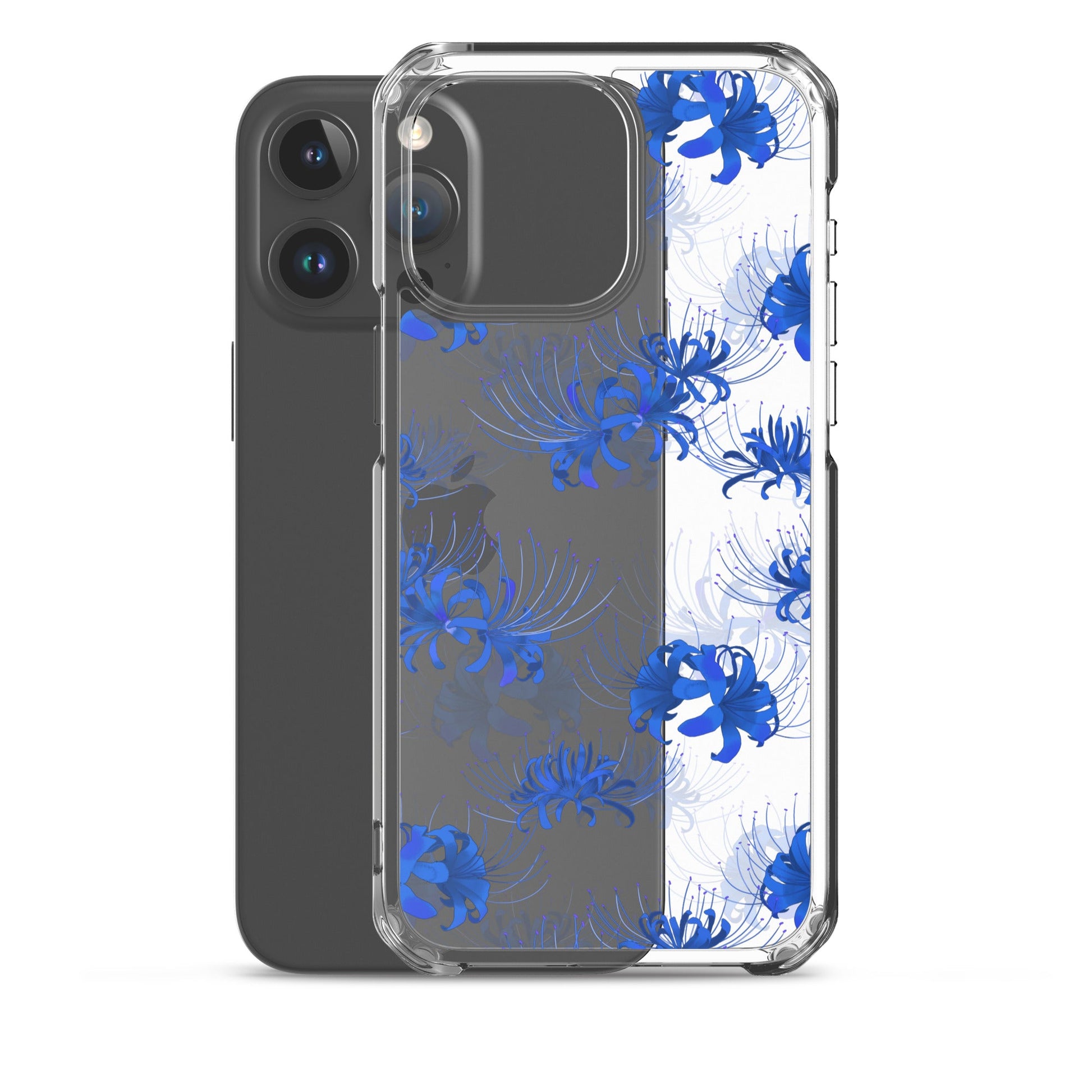 Stylish Higanbana iPhone® Clear Case showcases blue floral design while providing durable protection for your device.