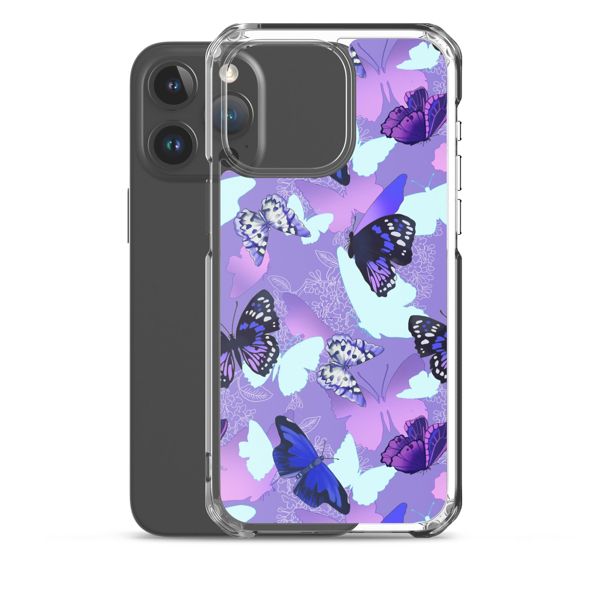 Sleek Butterfly iPhone® Clear Case features vibrant butterfly design, offering protection from scratches and dust.