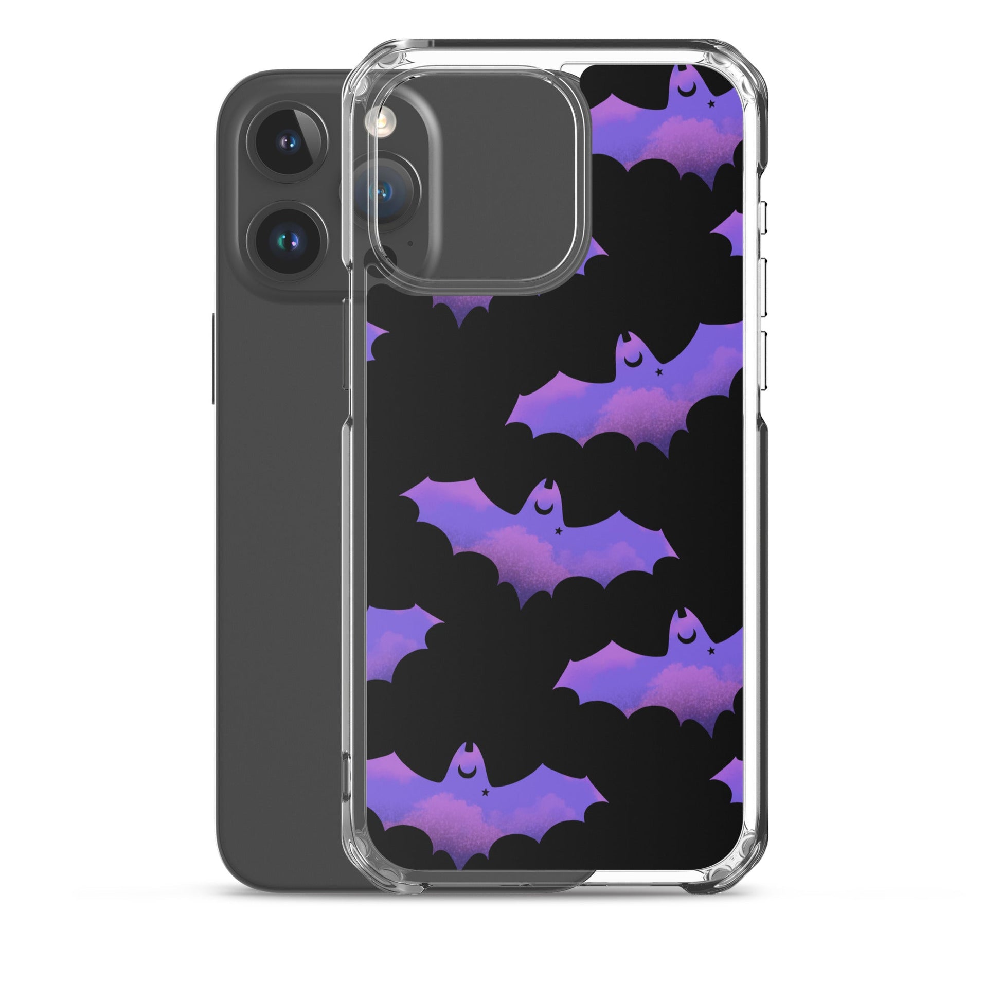 Stylish Morrigan iPhone® Clear Case featuring a bat design, offering protection and easy access to ports.