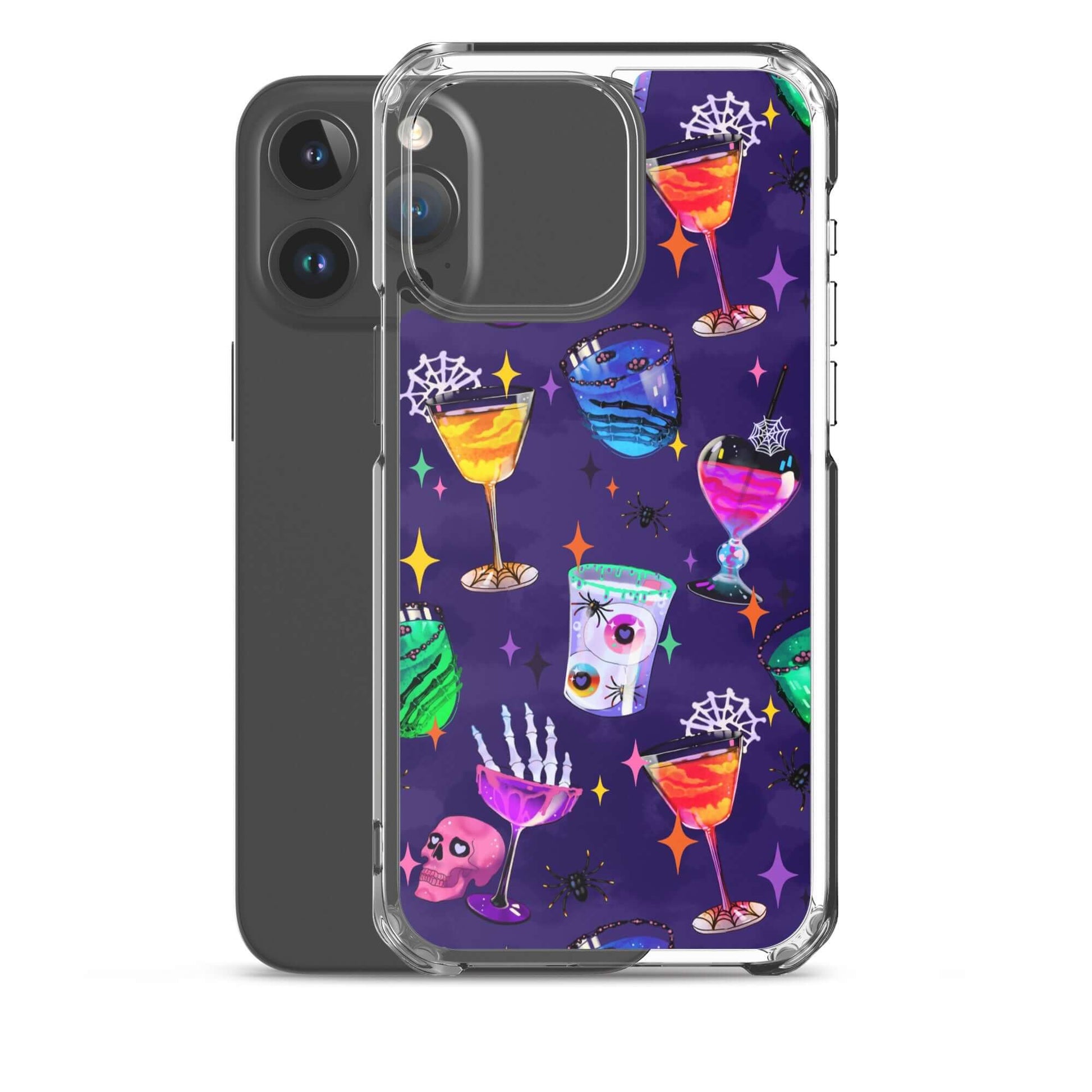 Colorful Monster Party iPhone® Clear Case featuring fun drink and skull designs, perfect for stylish protection.
