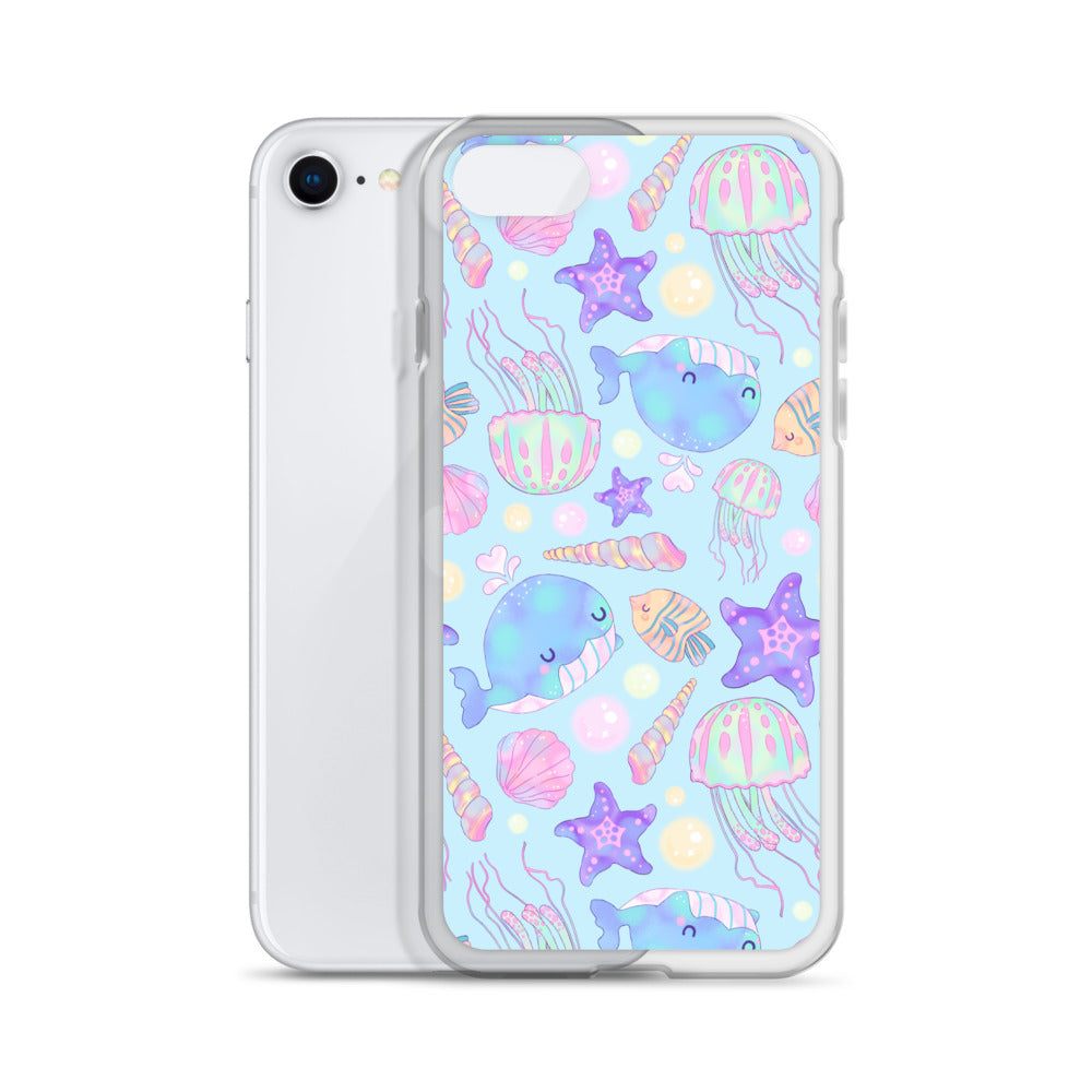 Colorful Under the Sea iPhone® Clear Case featuring marine life design, offering scratch protection and easy access to ports.