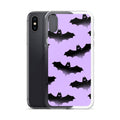 Stylish Morrigan iPhone® Clear Case showcasing bats, protecting your phone from scratches and dirt in style.