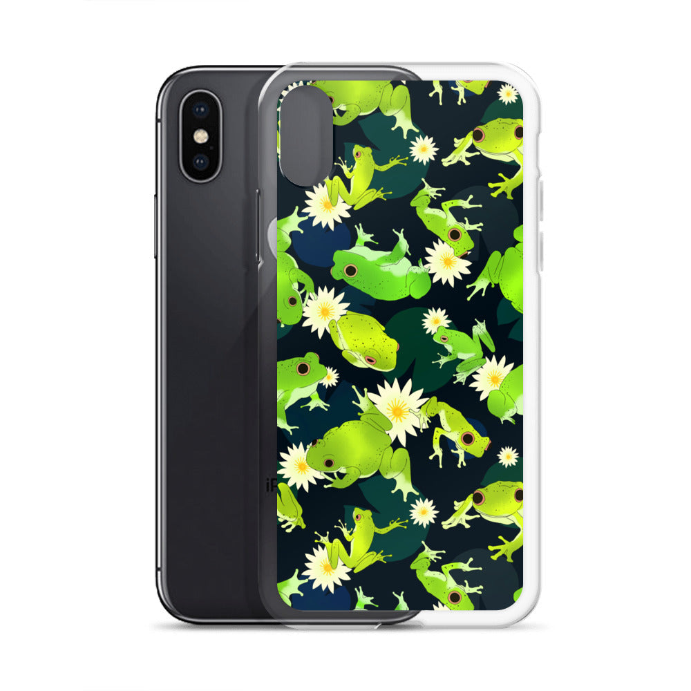 Kero-kero iPhone® Clear Case featuring vibrant frogs and flowers, offering stylish protection for your device.