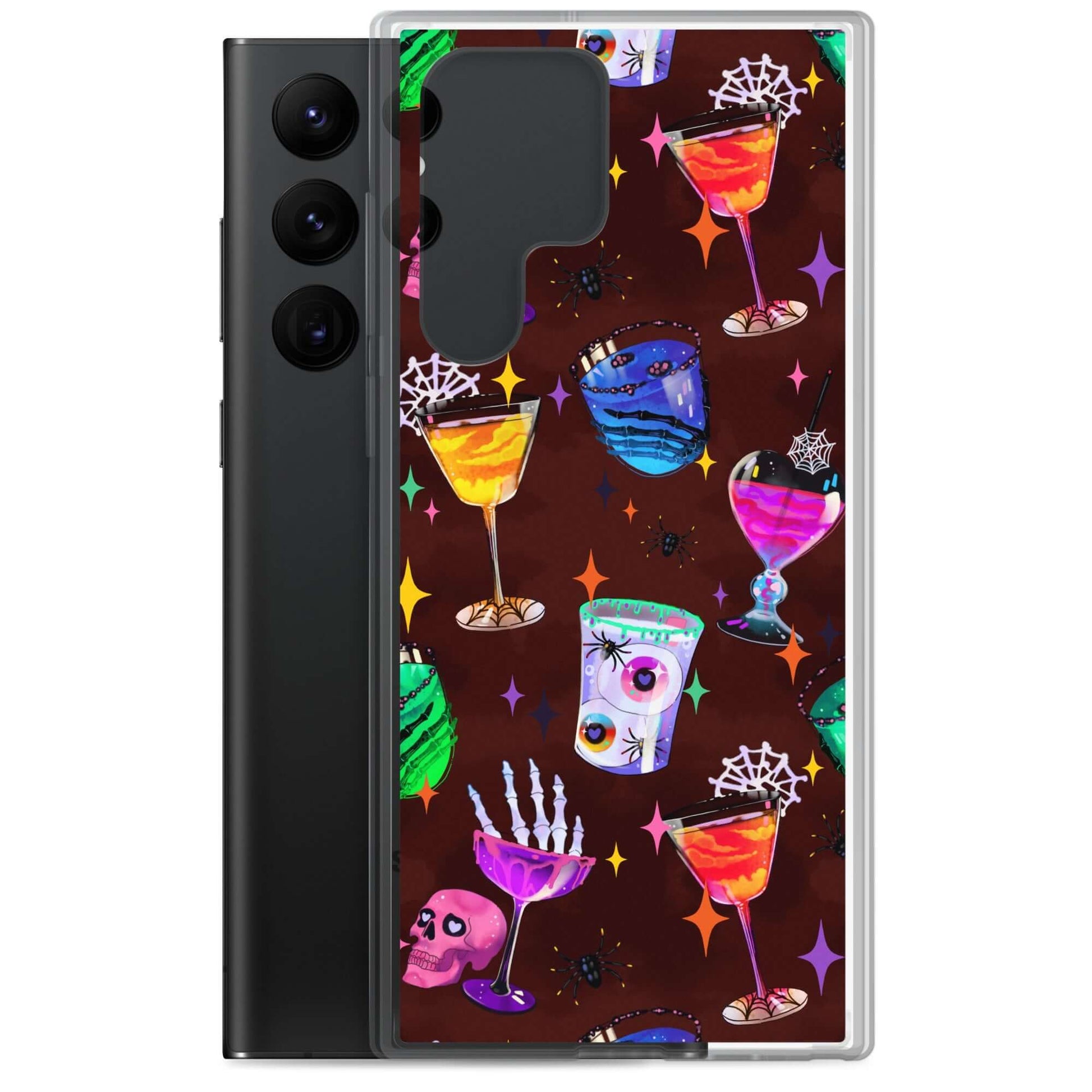 Vibrant Monster Party Samsung® Clear Case featuring spooky drink designs, perfect for protecting your Galaxy phone.