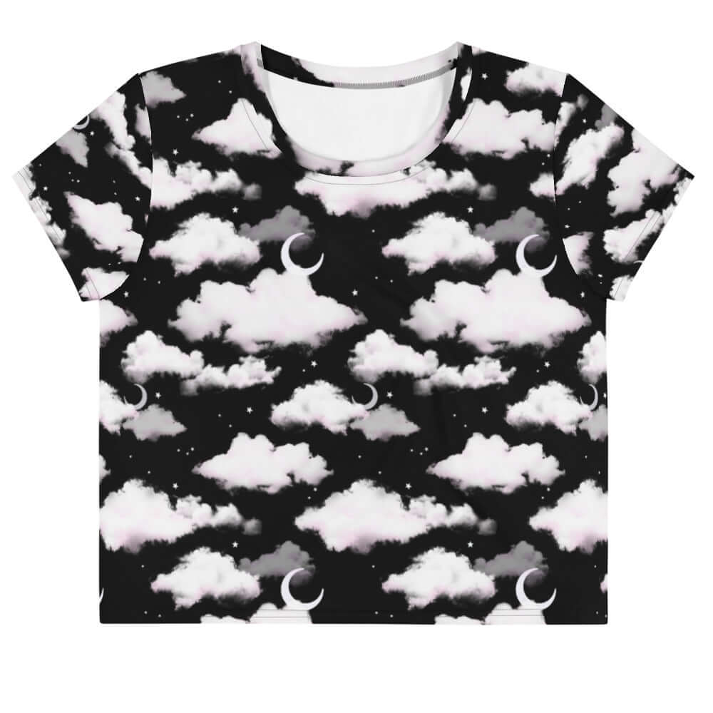 Stylish Cloudy Sky Crop Top features a dreamy cloud pattern, perfect for adding flair to any outfit.
