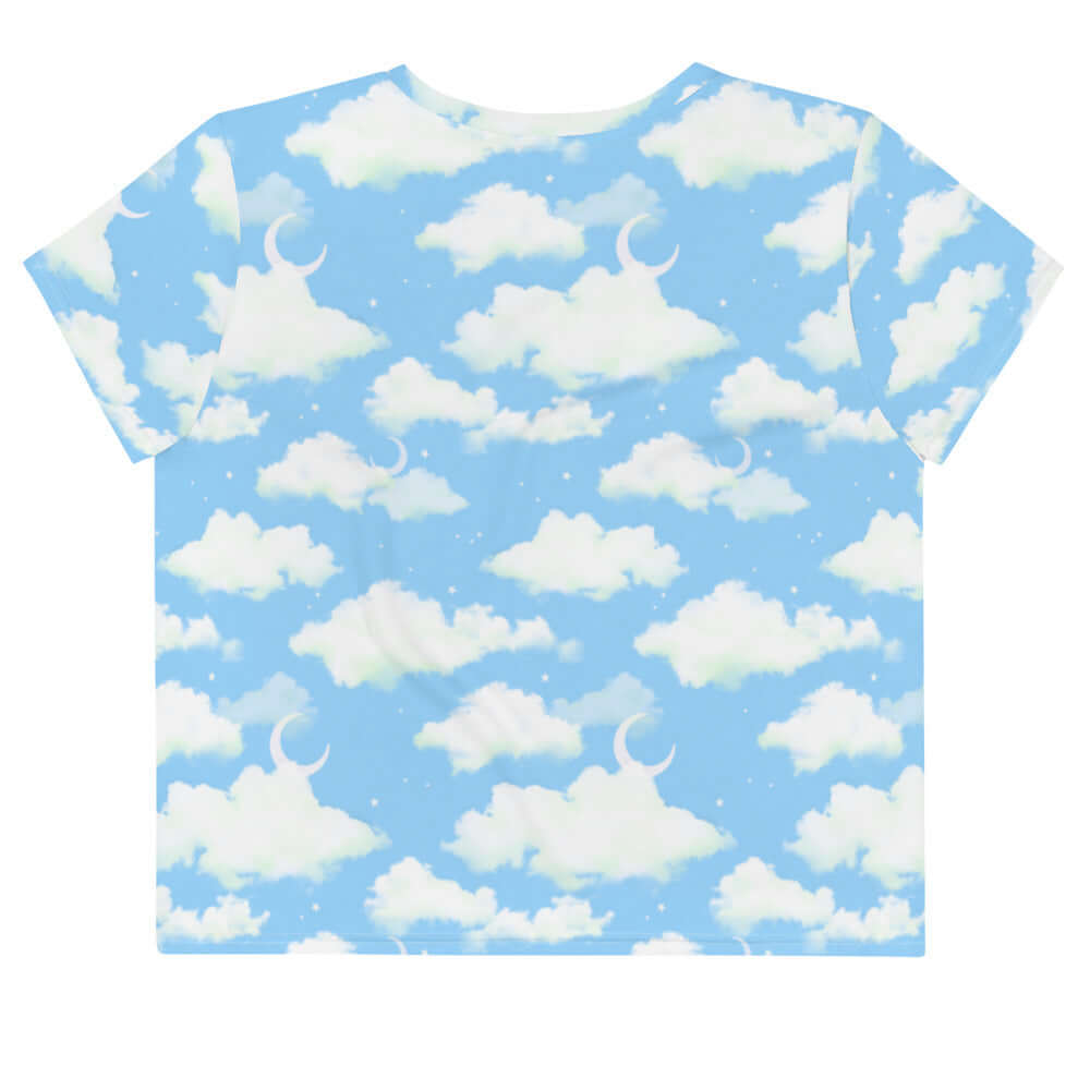 Cloudy Sky Crop Top features a dreamy blue cloud pattern, perfect for a stylish and cheerful look.