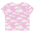 Stylish Cloudy Sky Crop Top featuring a dreamy pink cloud pattern, perfect for any casual outfit.