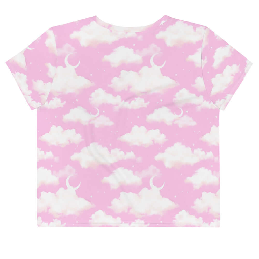 Stylish Cloudy Sky Crop Top featuring a dreamy pink cloud pattern, perfect for any casual outfit.
