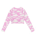 The Cloudy Sky Long-sleeved Crop Top features a dreamy cloud print, perfect for eco-friendly athleisure and comfort.