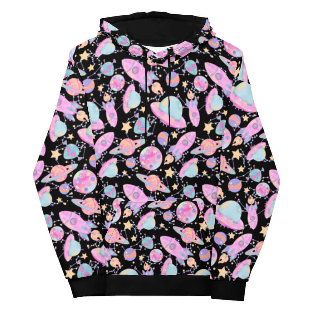 Colorful Space Hoodie featuring a vibrant galaxy print, perfect for a trendy Harajuku-inspired look.