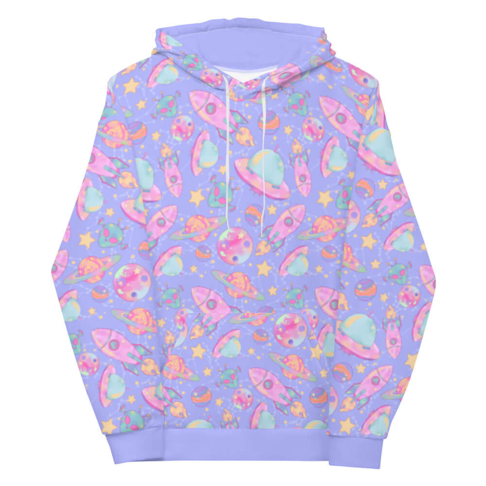 Colorful Space Hoodie featuring a vibrant print of planets and rockets, perfect for a stylish, comfy look.