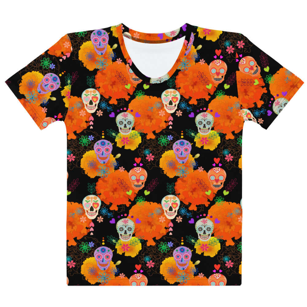 Bright and colorful Sugar Skull T-shirt featuring vibrant skulls and floral patterns, perfect for festive occasions.
