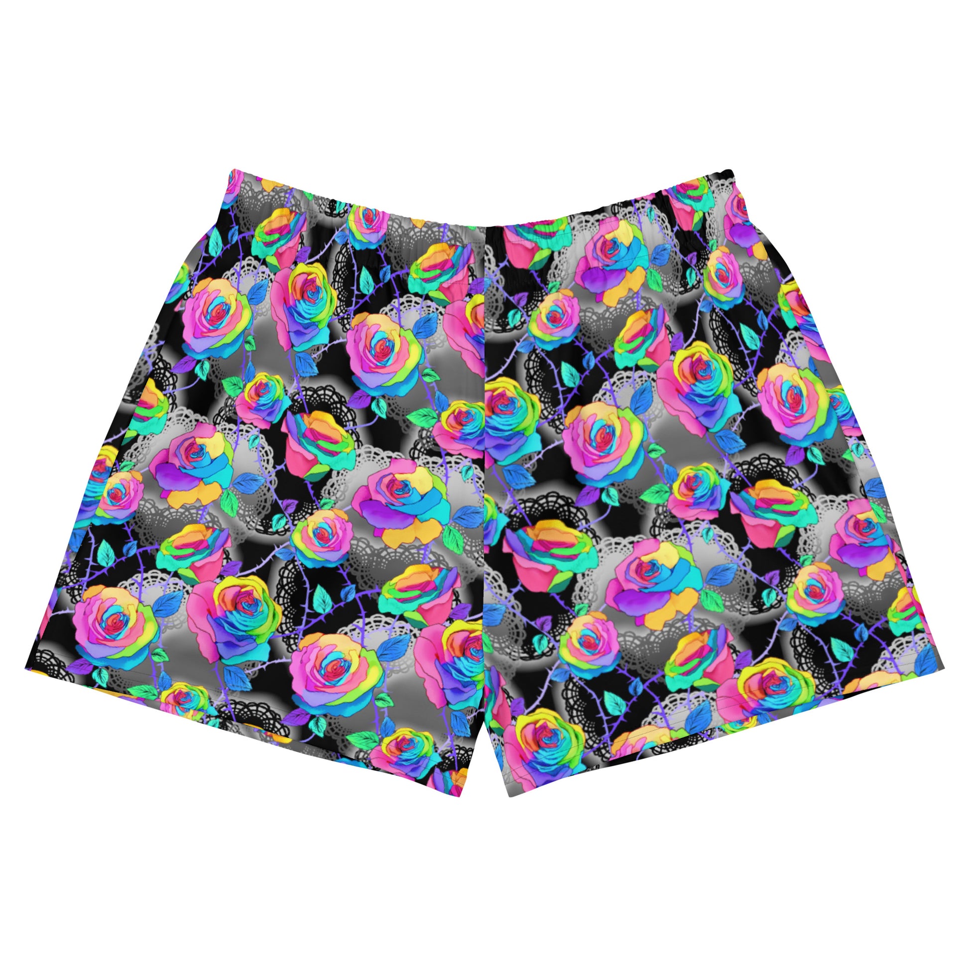 Colorful Enchanted Rose Athletic Short Shorts, perfect for a stylish yet comfy workout or casual look. Ideal for pairing!