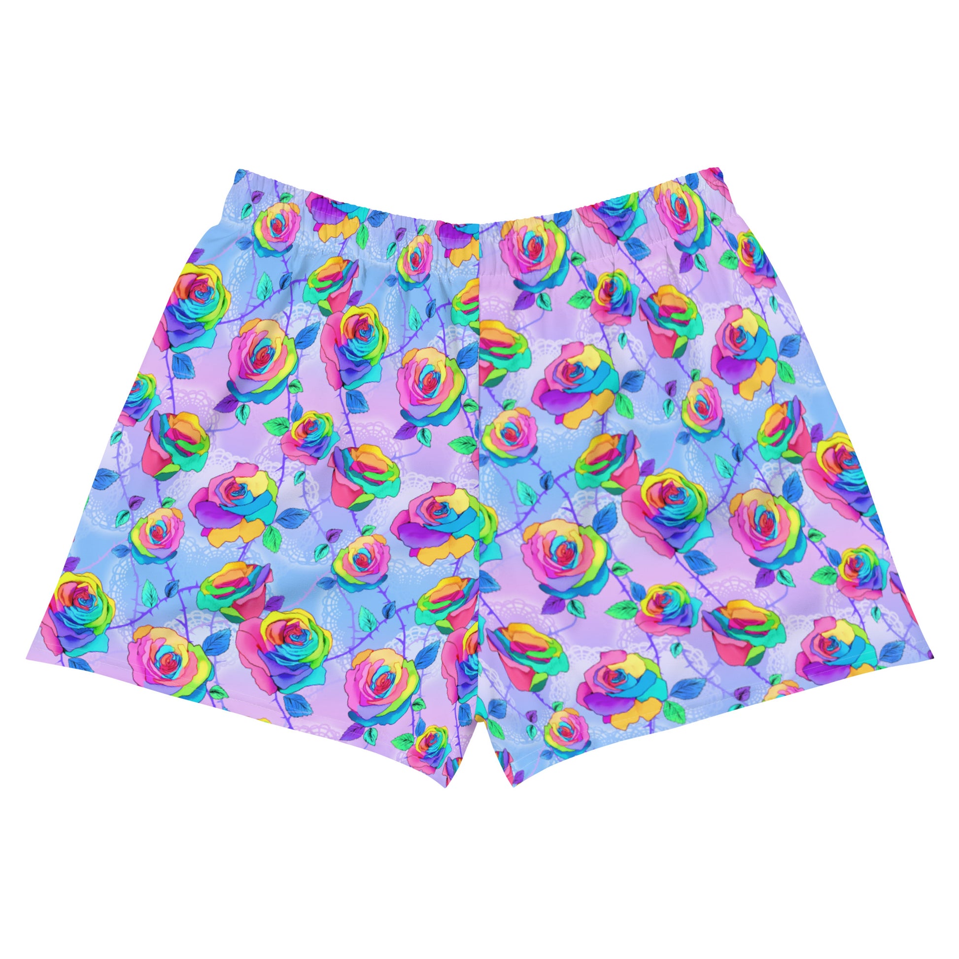Vibrant Enchanted Rose Athletic Short Shorts with colorful floral design, perfect for stylish comfort during workouts.