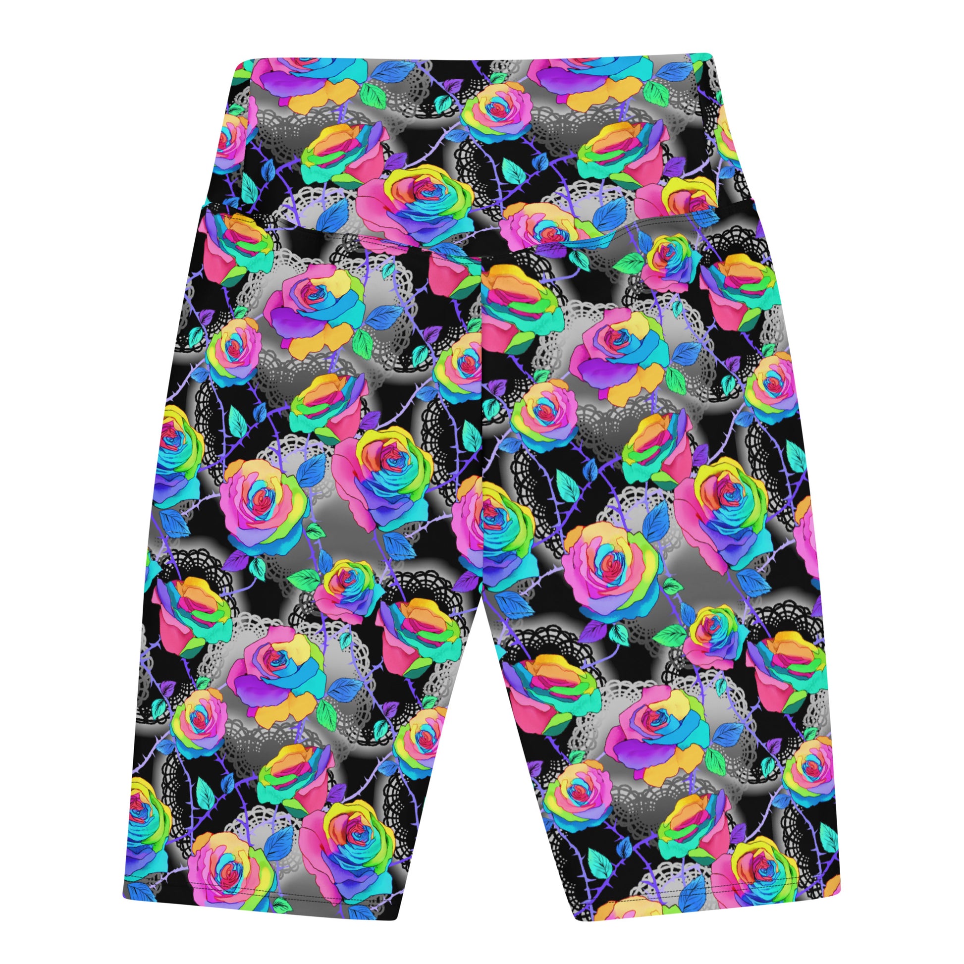 Bright and stylish, the Enchanted Rose Biker Shorts are perfect for lounging or active wear, featuring vibrant floral patterns.