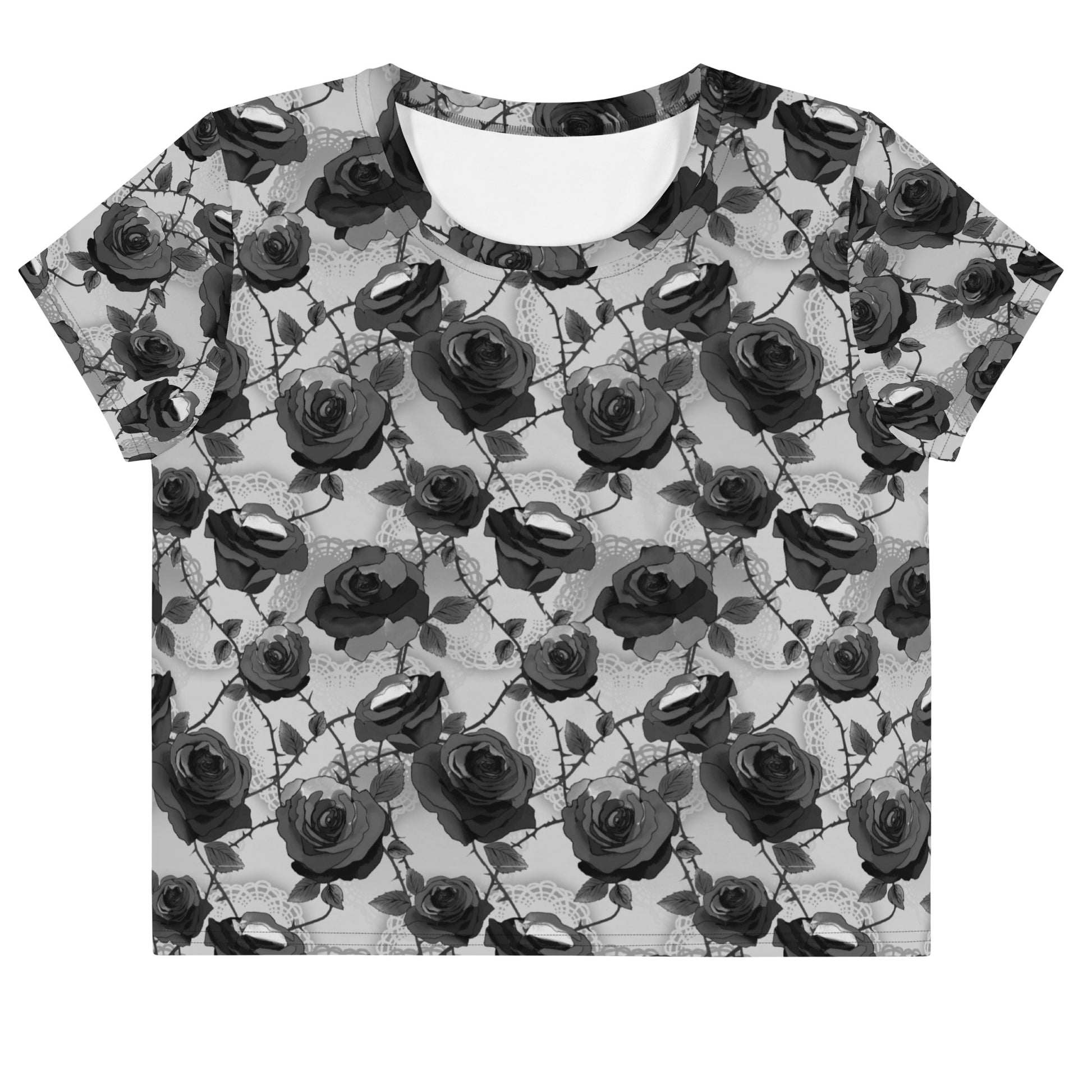 Stylish Enchanted Rose Crop Top featuring a floral design, perfect for any outfit and mood. Ideal for everyday wear!
