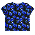 Stylish Enchanted Rose Crop Top featuring vibrant blue roses, perfect for any outfit or occasion.