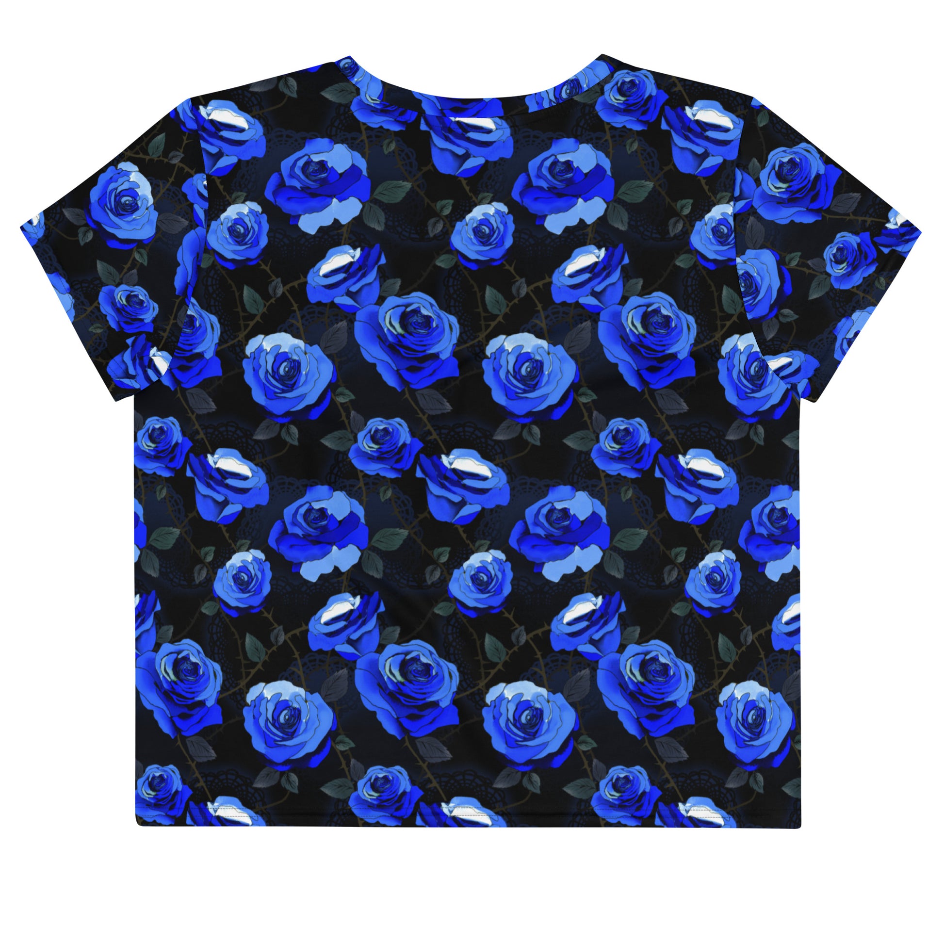 Stylish Enchanted Rose Crop Top featuring vibrant blue roses, perfect for any outfit or occasion.