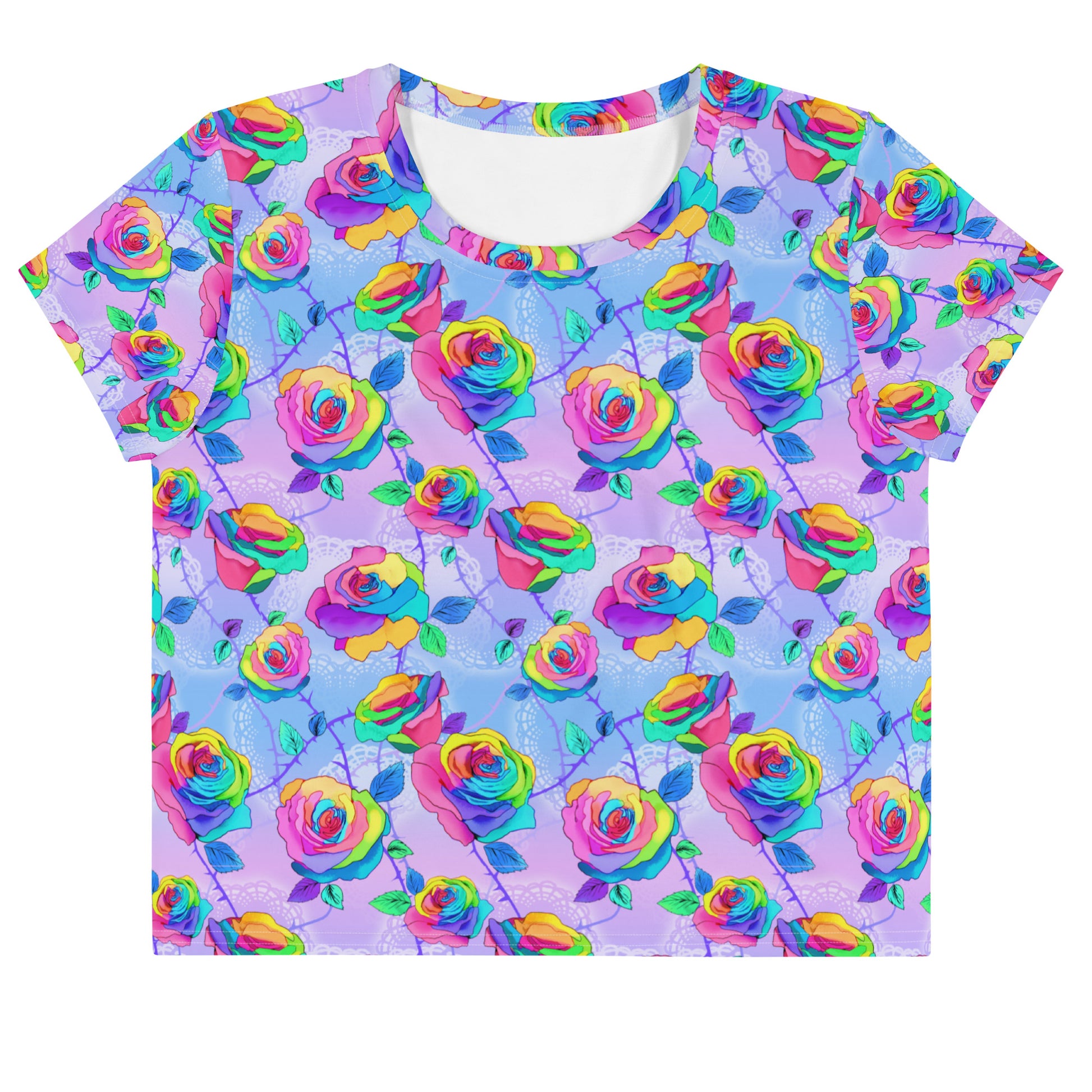 Colorful Enchanted Rose Crop Top featuring vibrant floral prints, perfect for any mood or outfit. Ideal for daily wear!