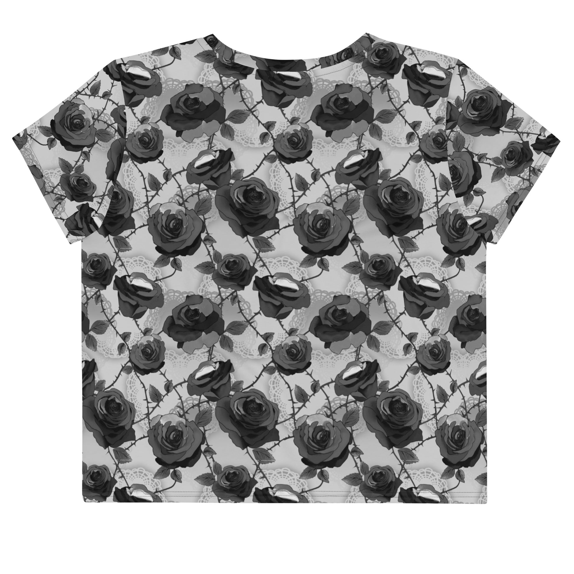 Stylish Enchanted Rose Crop Top featuring a floral design, perfect for any mood and outfit pairing.