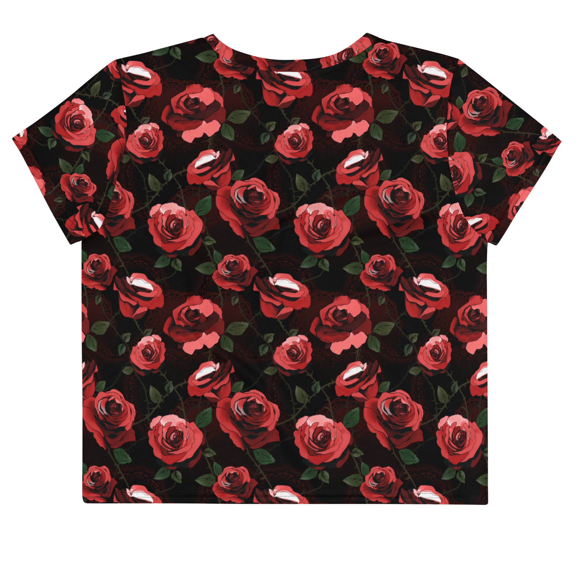 Stylish Enchanted Rose Crop Top featuring vibrant rose patterns, perfect for any occasion and easy to pair with outfits.