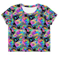Colorful Enchanted Rose Crop Top featuring vibrant floral patterns, perfect for any outfit and mood.