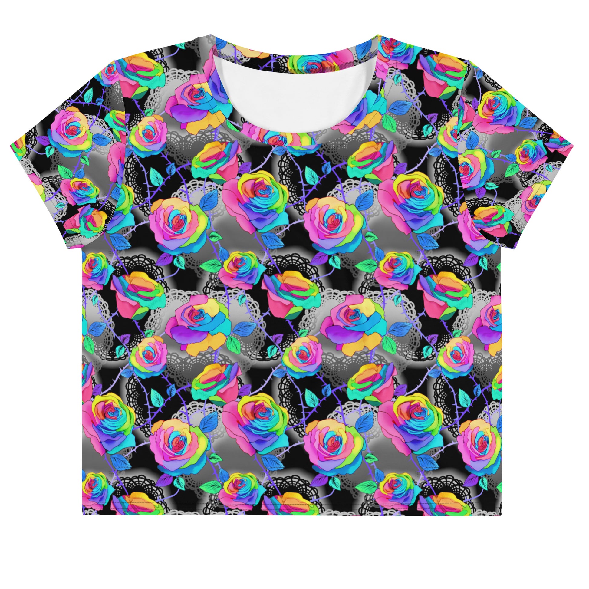 Colorful Enchanted Rose Crop Top featuring vibrant floral patterns, perfect for any outfit and mood.