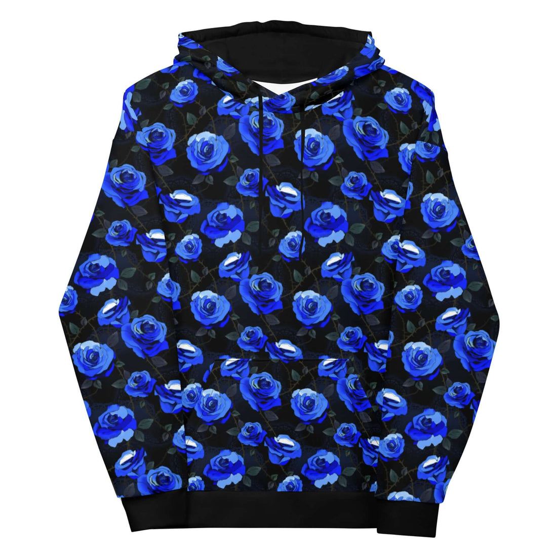 Stylish Enchanted Rose Hoodie featuring vibrant blue rose print, perfect for cozy, relaxed wear. Available now!