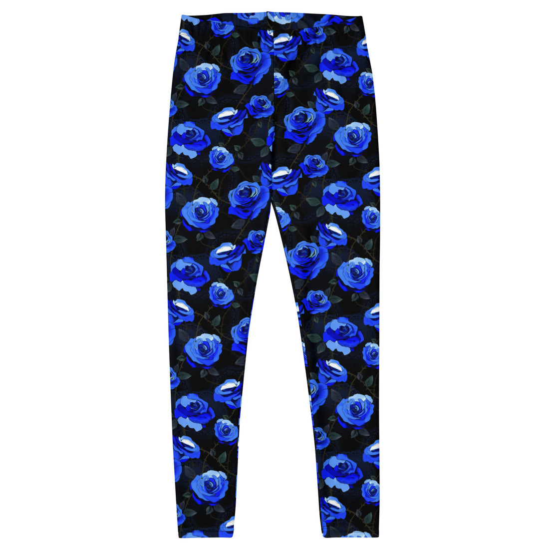 Stylish Enchanted Rose Leggings featuring elegant blue rose prints, perfect for gym or casual outings.