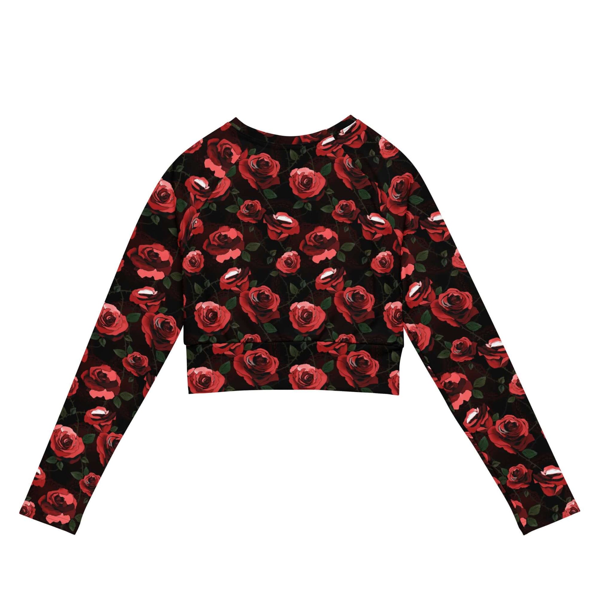 Stylish Enchanted Rose Long-sleeved Crop Top featuring a vibrant floral design, perfect for any mood.