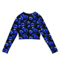 Stylish Enchanted Rose Long-sleeved Crop Top featuring a vibrant blue rose pattern, perfect for any mood.