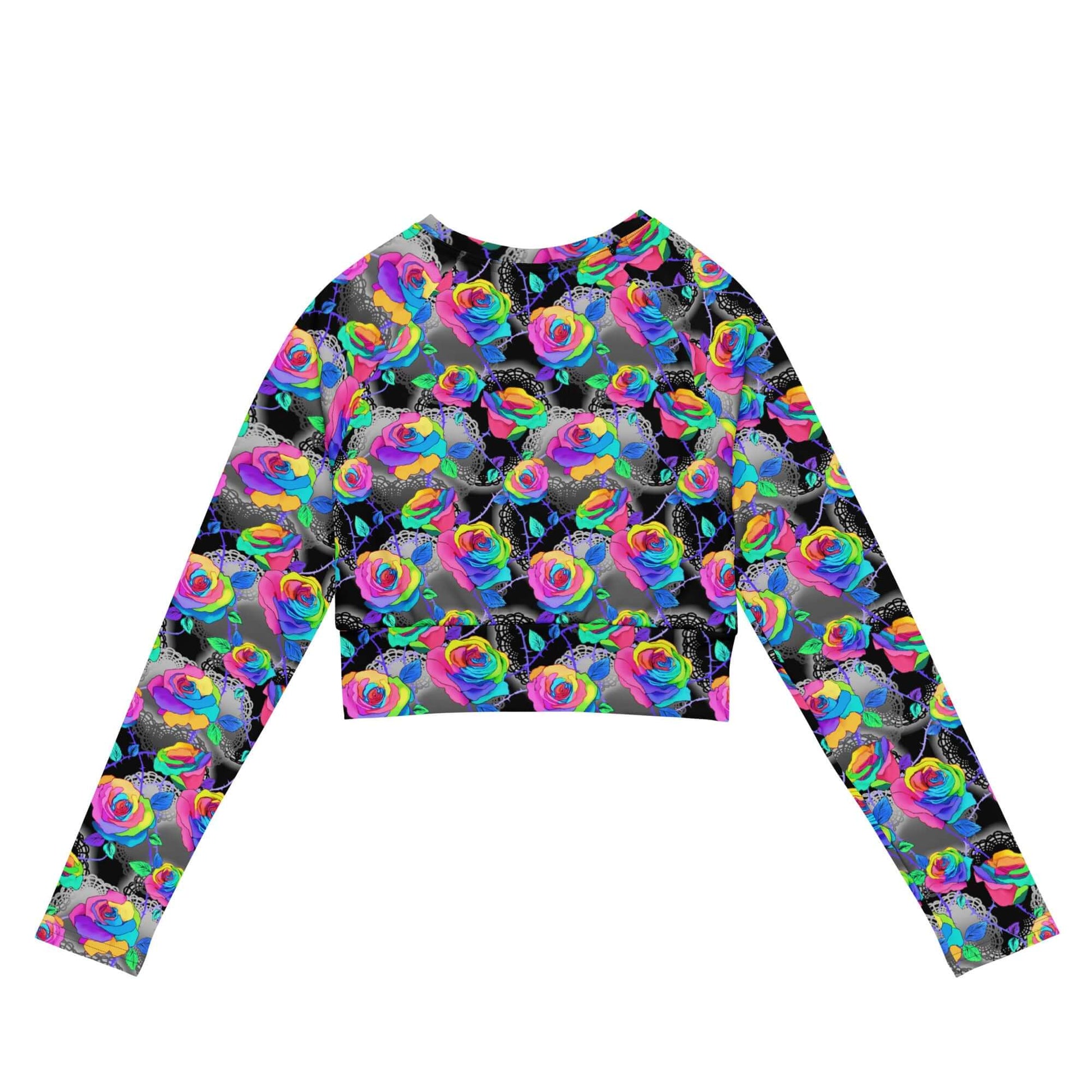 Vibrant Enchanted Rose Long-sleeved Crop Top featuring colorful floral design, perfect for any mood or occasion.