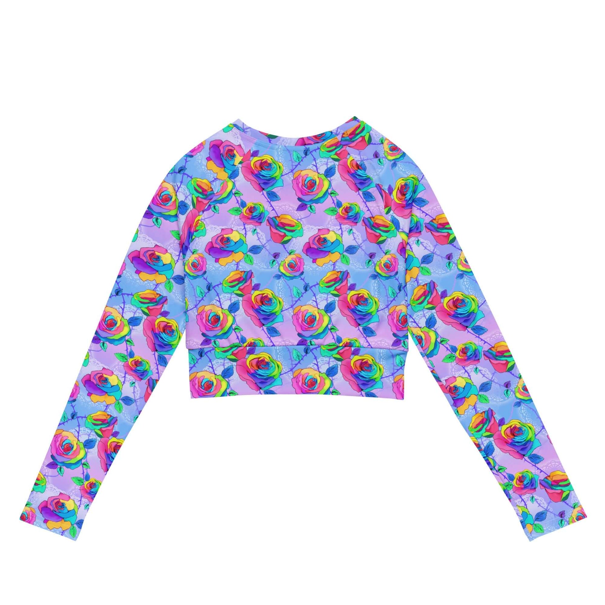 Vibrant Enchanted Rose Long-sleeved Crop Top with colorful floral design, perfect for any mood or occasion.