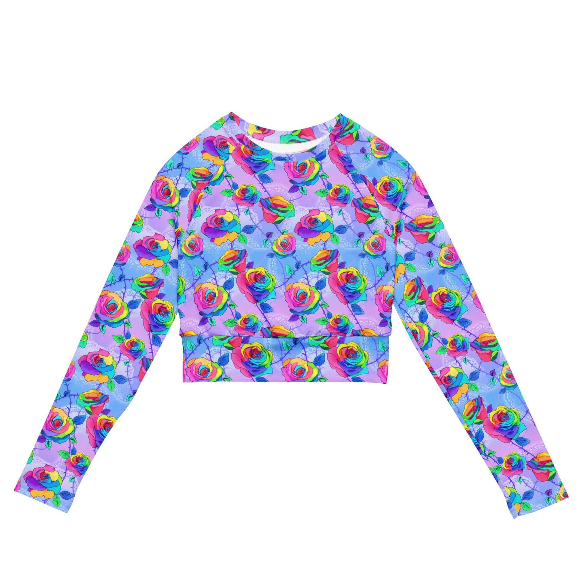Vibrant Enchanted Rose Long-sleeved Crop Top, perfect for a gothic princess vibe or a mysterious look.