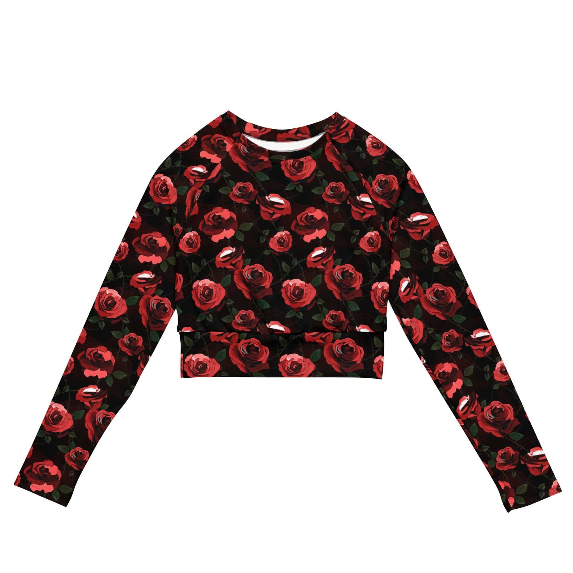 Stylish Enchanted Rose Long-sleeved Crop Top features vibrant floral print, perfect for any gothic-inspired outfit.