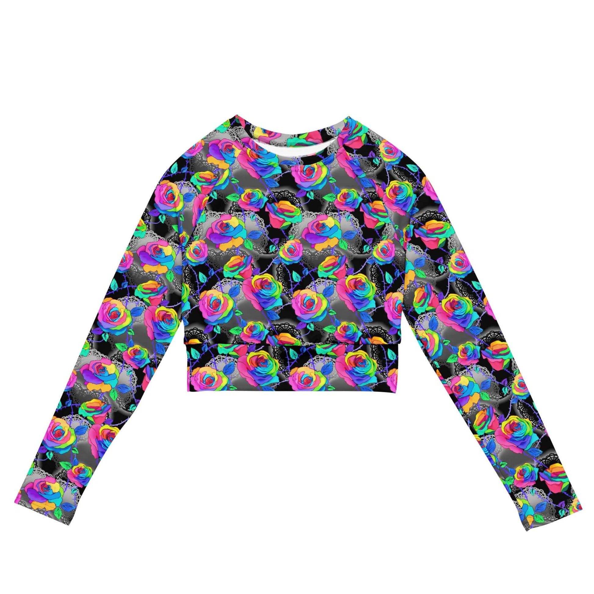Vibrant Enchanted Rose Long-sleeved Crop Top featuring colorful floral design, perfect for gothic-inspired styles.