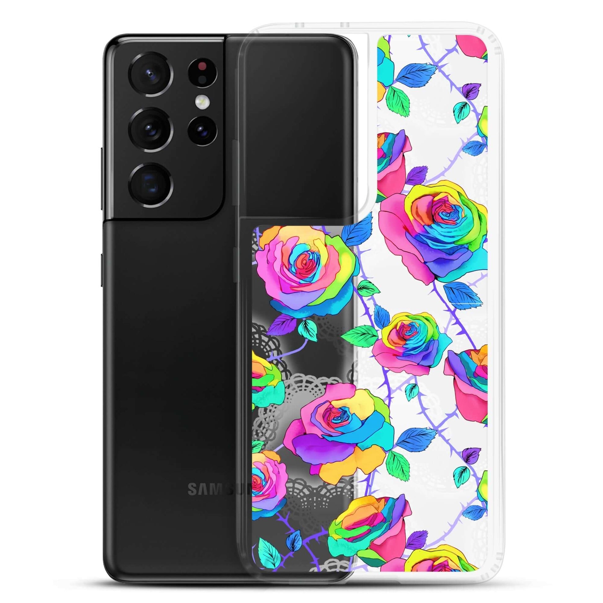 Protect your phone stylishly with the Enchanted Rose Samsung® Clear Case (Transparent), featuring vibrant rose designs.