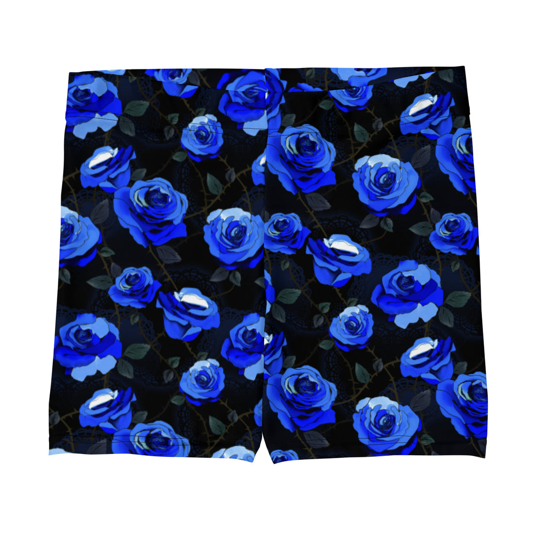 Stylish Enchanted Rose Shorts featuring vibrant blue roses, perfect for comfy lounging or sporty activities.
